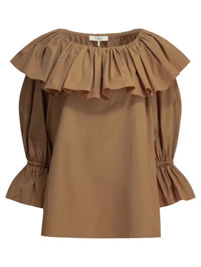 Chloé Top Ruffles Off Shoulder Voluminous Sleeves In Brown