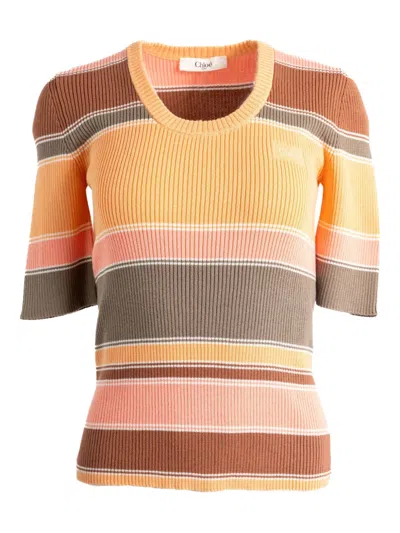 Chloé Embroidered Striped Ribbed Cotton Sweater In Multi