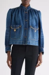 Chloé Blue Jacket With High Neck And Chain Detail On The Front In Denim Woman In Blue