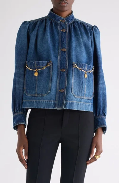 Chloé Blue Jacket With High Neck And Chain Detail On The Front In Denim Woman