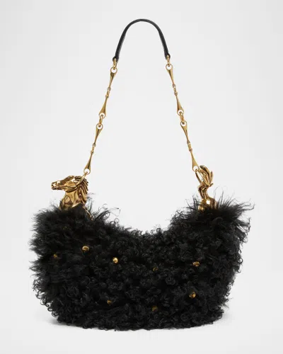 Chloé Chain Horse Shoulder Bag In Curly Shearling In Black