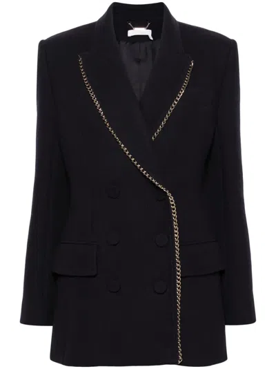 Chloé Double-breasted Wool Jacket With Structured Shoulders In Blue