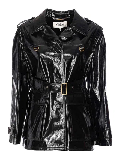 Chloé Belted Jacket In Shiny Coated Cotton In Black