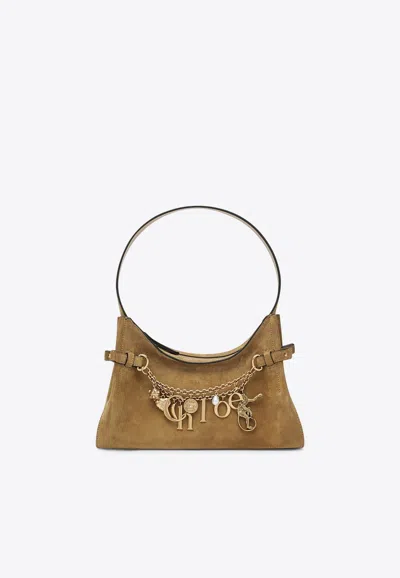 Chloé Charm Embellished Suede Shoulder Bag In Brown