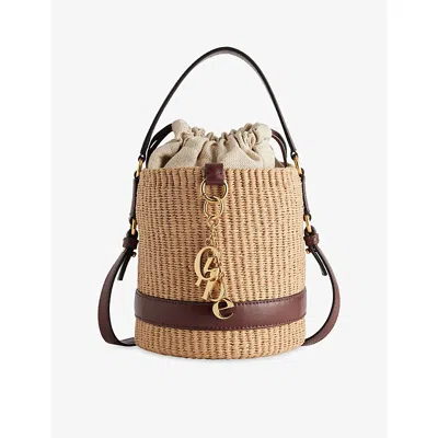 Chloé Charms Drawstring Raffia Bucket Shoulder Bag In Crafty Brown