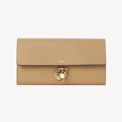 Chloé Charms Long Wallet With Flap In Grained Leather Beige Size Onesize 100% Calf-skin Leather