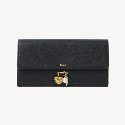 Chloé Portefeuille Long À Rabat  Charms En Cuir Grainé Femme Noir Taille Onesize 100% Cuir De Veau