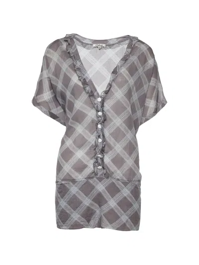 Pre-owned Chloé Check Ruffle-detail Blouse In Gray