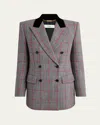 Chloé Double-breasted Velvet-trimmed Checked Wool Blazer In Gray