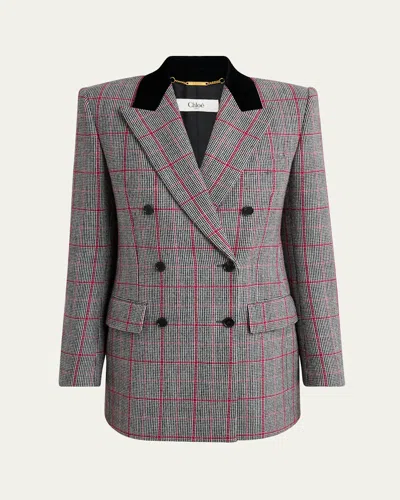 CHLOÉ CHECK WOOL VELVET-TRIM DOUBLE-BREASTED JACKET