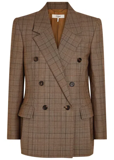 Chloé Chloe Checked Double-breasted Wool Blazer In Brown