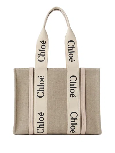 Chloé Chloè Chic Linen Tote Bag With Two Long Handles - Height 26 Cm, Length 37 Cm, Depth 12 Cm In Sand