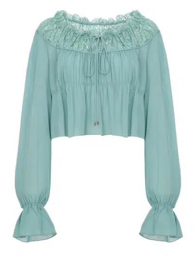 Chloé Chiffon-soft Silk Long-sleeve Top With Ruffle Details And Drawstring Neckline In Blue