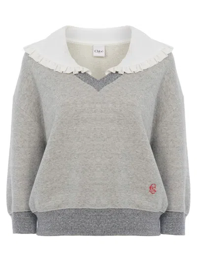 CHLOÉ CHINÉ FLEECE SWEATER WITH RUFFLED SILK COLLAR