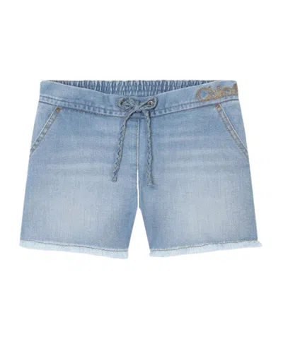 Chloé Kids' Logo-embroidered Fringed Denim Shorts In Blue