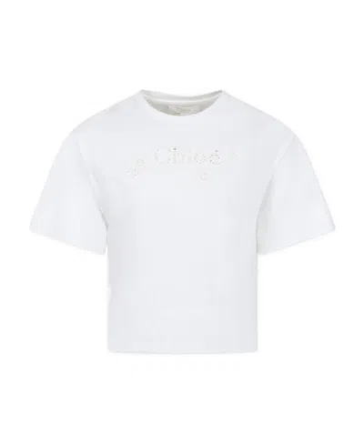 Chloé Kids Logo-embroidered Eyelet Crewneck T-shirt In White