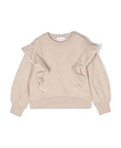 Chloé Ruffle-detail Crew Neck Sweatshirt In Beige