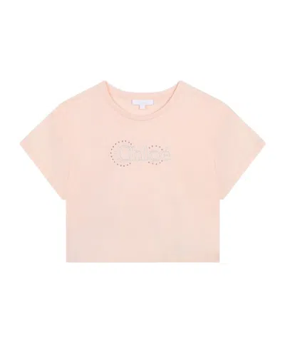 Chloé Kids Logo Patch Crewneck T-shirt In Pink