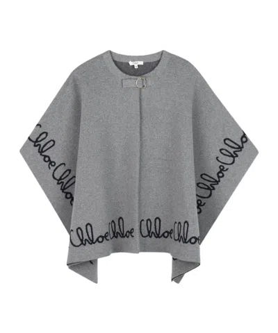 Chloé Chlo Kids Oversized Logo-embroidered Poncho In Gray