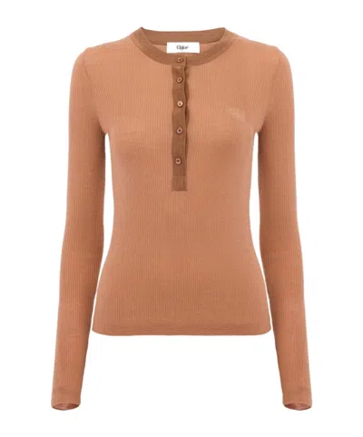Chloé Chlo Knitted Henley Shirt In Brown
