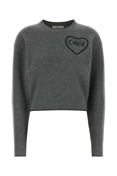 Chloé Cropped Knit Sweater With Heart Logo In Gray