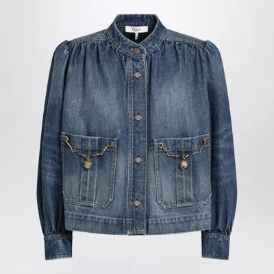 Chloé Blue Jacket With High Neck And Chain Detail On The Front In Denim Woman