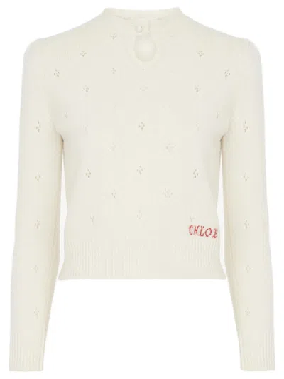 Chloé Perforated Wool And Cashmere Knit Sweater In Neutral