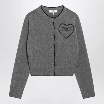 Chloé Ribbed Heart Logo Cardigan In Gray