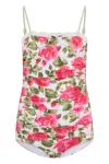 Chloé Bow-detailed Ruched Lace-trimmed Floral-print Swimsuit In Pink