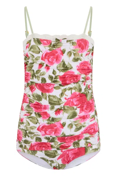 Chloé Rose Print Ruched Swimsuit In Pink