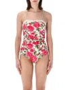 Chloé Bow-detailed Ruched Lace-trimmed Floral-print Swimsuit In Multi