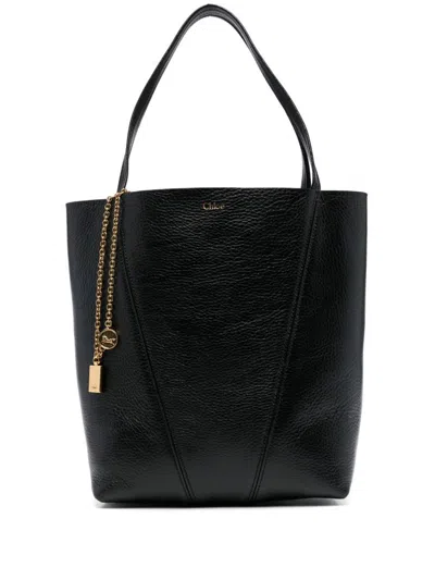 Chloé Spin Tote Bag In Grained Leather In Black