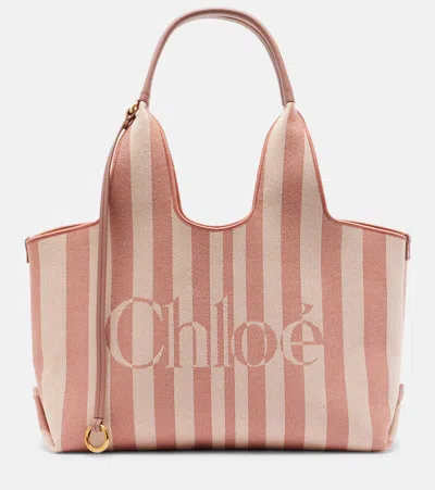 Chloé Stripy Large Logo Canvas Tote Bag In Pink