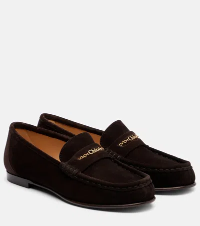 Chloé Women Brown Suede Loafers In Animal Print
