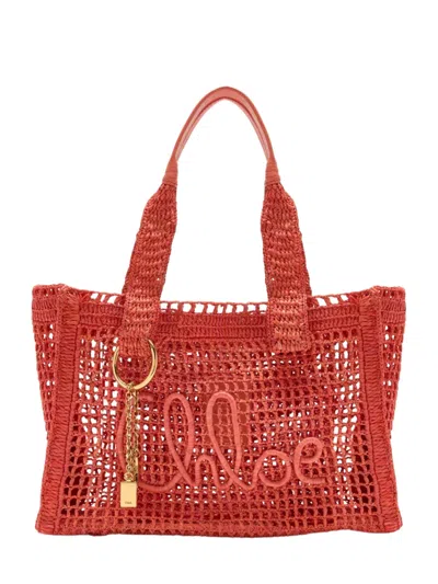 Chloé Logo-patch Open-knit Tote Bag In Red