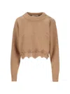 Chloé Pullover Corto Con Collo A Lupetto In Maglia Di Lana E Cashmere Con Pizzo In Brown
