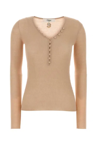 Chloé Wool V-neck Henley Top In Neutral