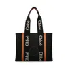 Chloé Woody Medium Tote Bag With Logo Webbing In Canvas In Black