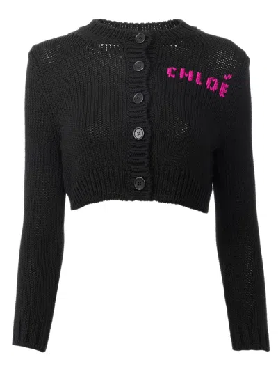 Chloé Chunky Knit Cardigan With Horn Buttons - Size S In Black