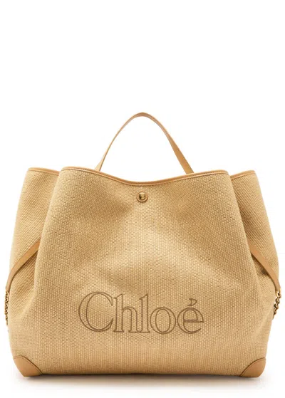 Chloé Chloe Clover Medium Logo-embroidered Raffia Tote In Sand
