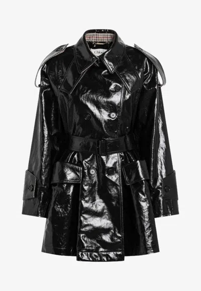 Chloé Coated Linen Short Trench Coat In Black