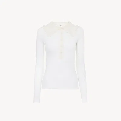 Chloé Collared Henley Shirt In Superfine Wool Knit & Lace In White