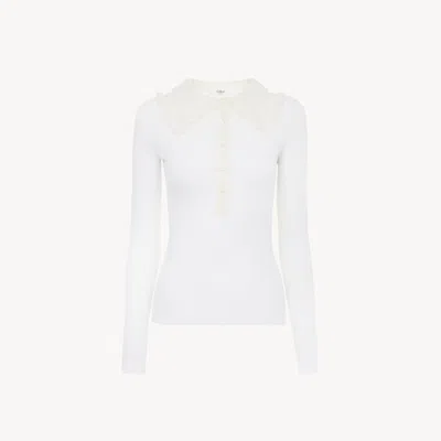 Chloé Pull Henley À Col En Maille De Laine Extrafine Et Dentelle Femme Blanc Taille 34 100% Laine, Pinctad In White