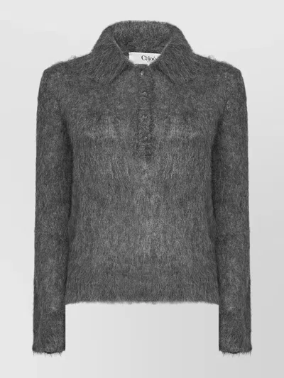 Chloé Collared Long Sleeve Fuzzy Knit Top In Gray