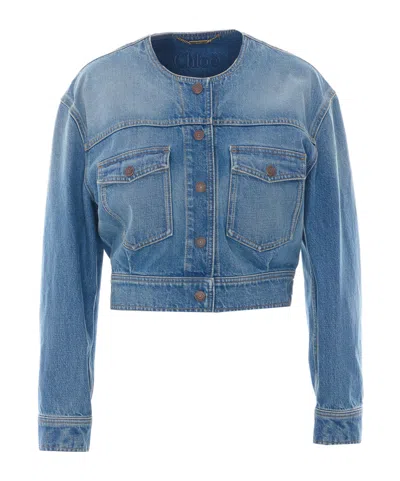 Chloé Collarless Cropped Denim Jacket In Blue