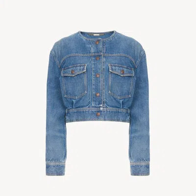 Chloé Collarless Cropped Jacket In Denim In Blue