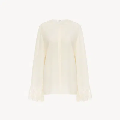 Chloé Blouse Sans Col Volantée En Crêpe De Chine Femme Blanc Taille 38 100% Soie, Pinctada Maxima, Farmed, In White