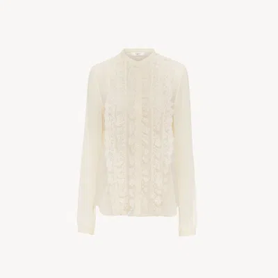 Chloé Blouse Sans Col À Plastron Volanté En Georgette De Soie Femme Blanc Taille 34 100% Soie, Pinctada Ma In White