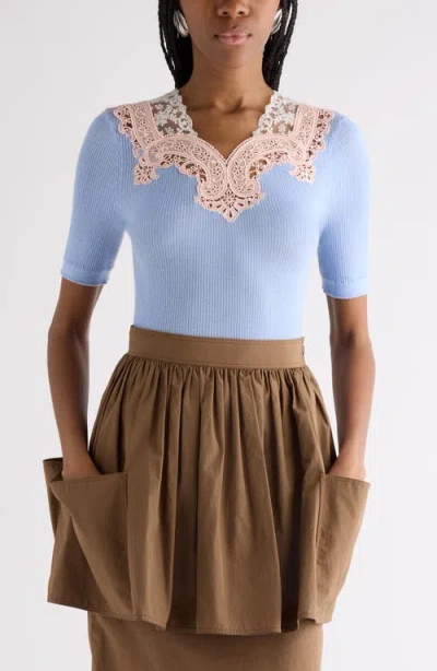Chloé Colorblock Lace Trim Rib Wool Sweater In Blue