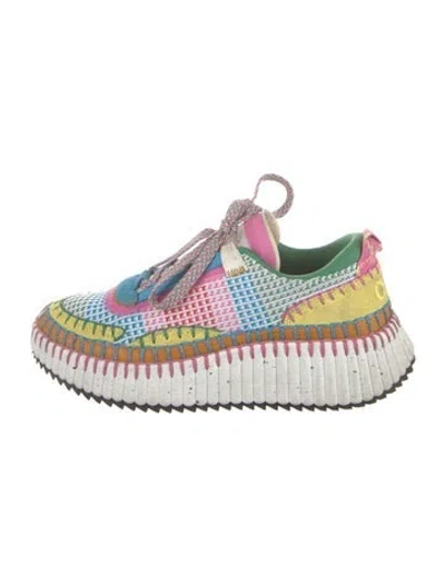 Pre-owned Chloé Colorblock Pattern Whipstitch Trim Chunky Sneakers In Blue